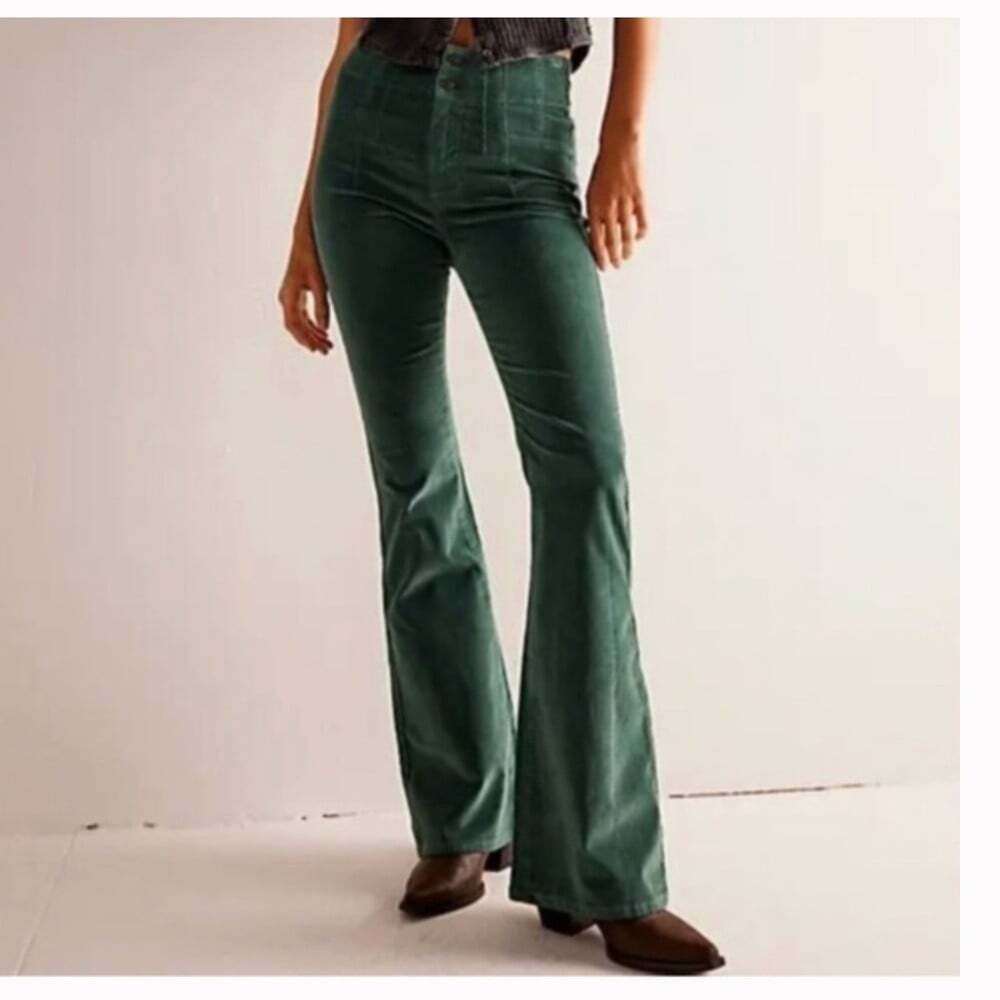 Free People Women 29 Corduroy Flare Pants Green Retro 90s Y2K Style High Waist